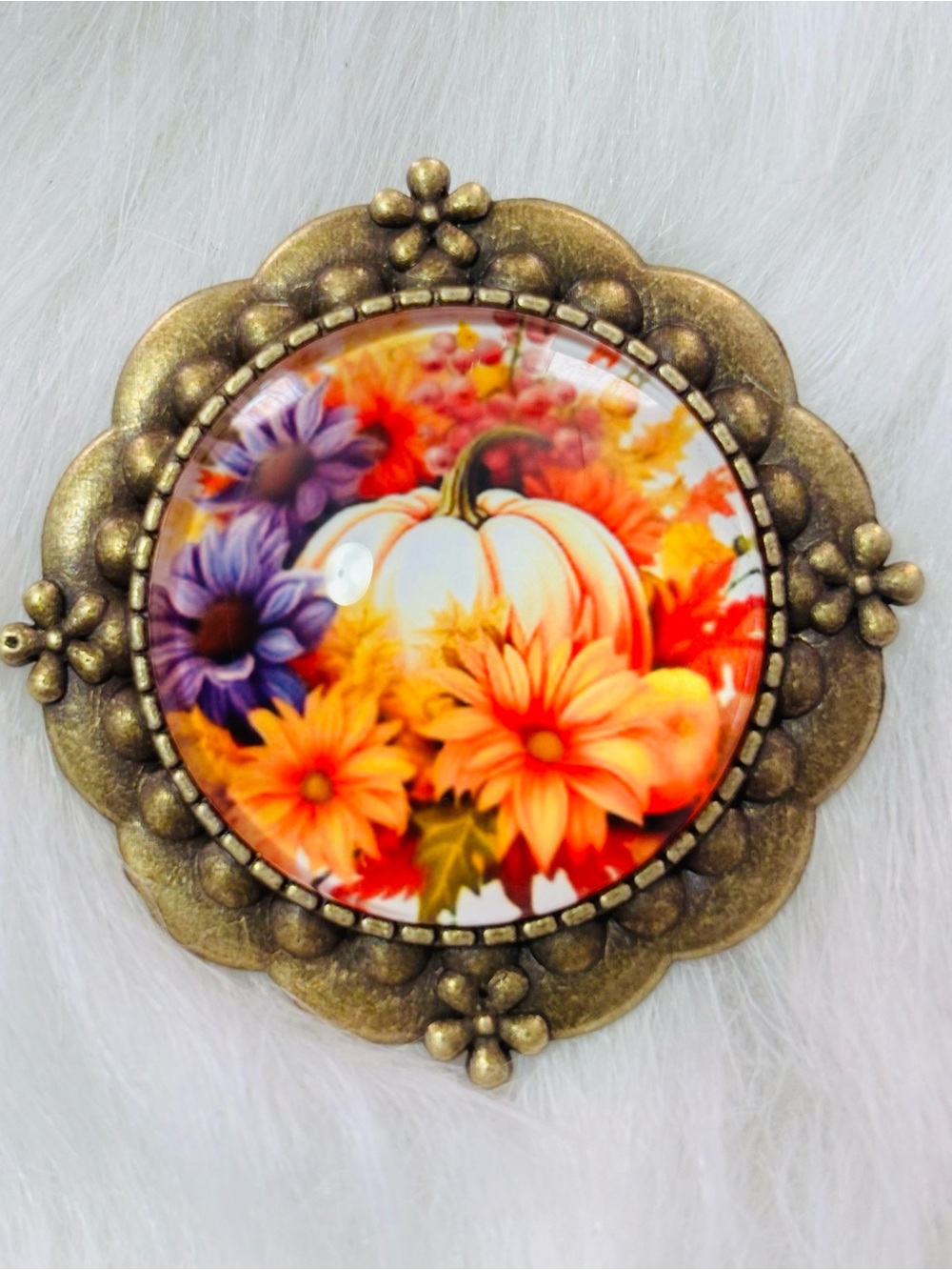 Fall Pumpkin & Floral Brooch Antique Gold Tone Thanksgiving Pin